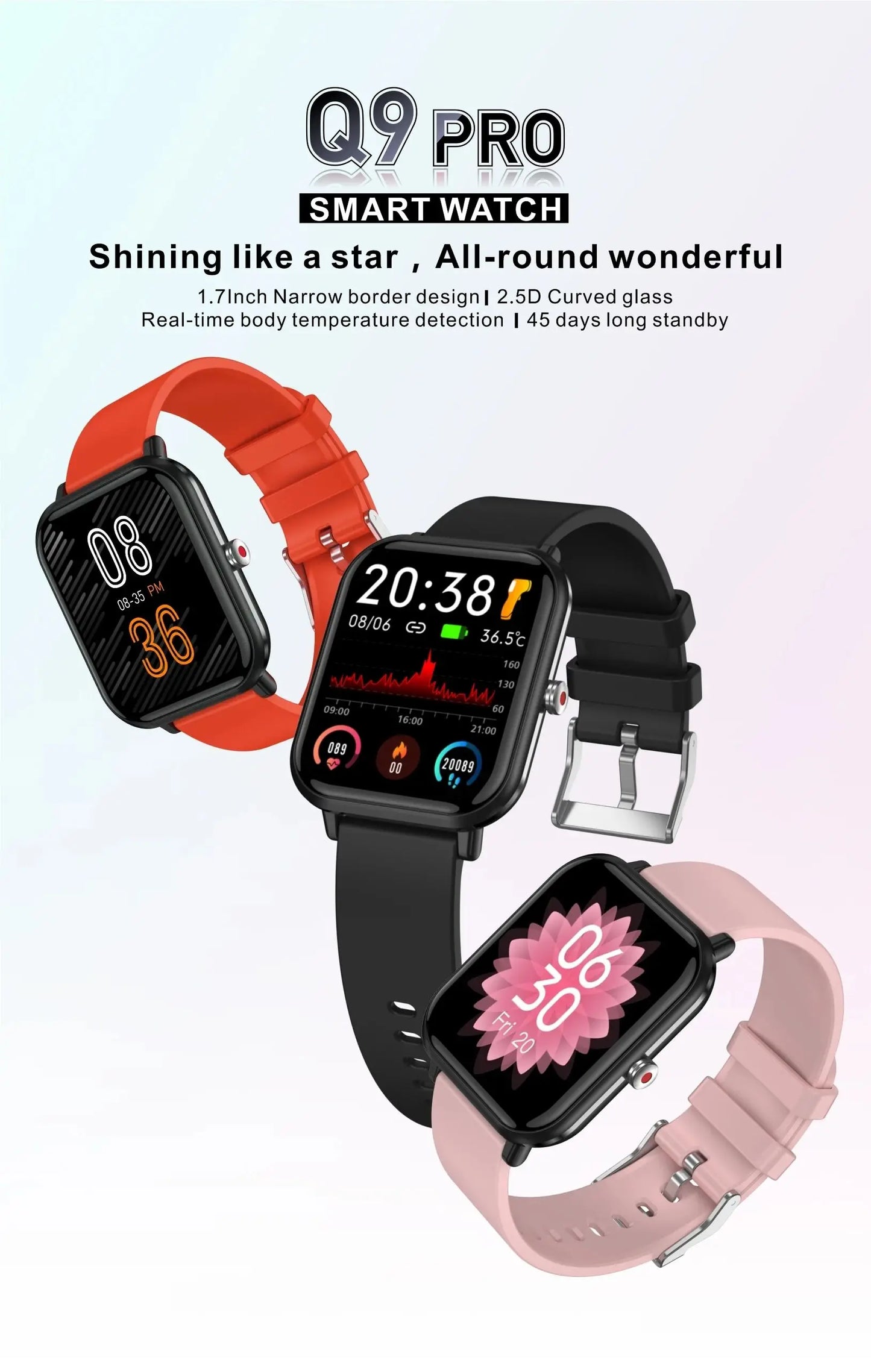 LIGE 2024 New Q9 Pro Smart Watch Body Temperature Monitor Music Control Sports Waterproof Smart Watch for Men Women Smartwatch - GabyFit Goods
