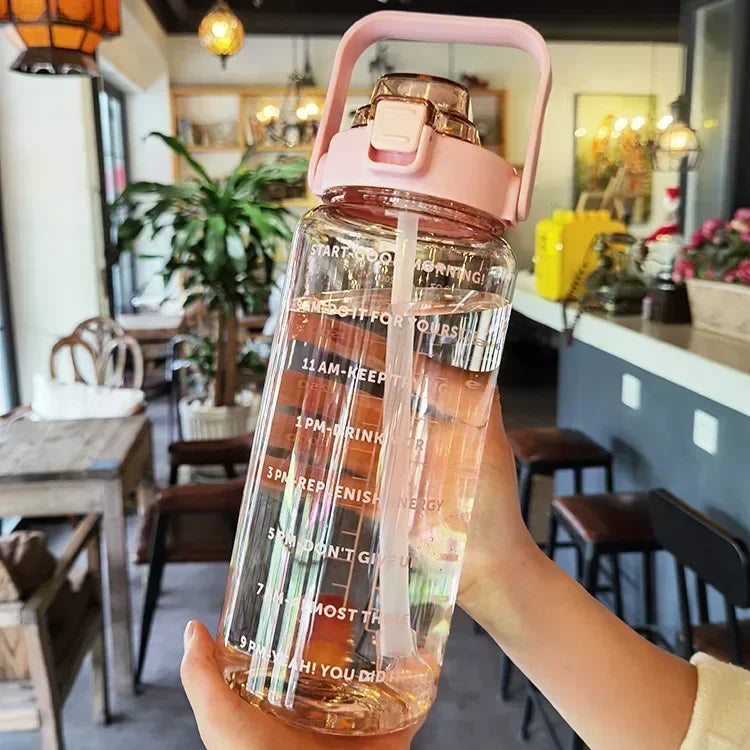 2L Portable Water Bottle with Straw & Time Marker, Large Capacity Plastic Drink Bottle for Outdoor Sports & Fitness - GabyFit Goods