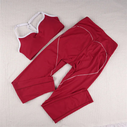SVEIC Yoga Bra Set Contrasting Color Fitness Sports Suits High Waisted Leggings Sportswear Workout Running Training Gym Clothing