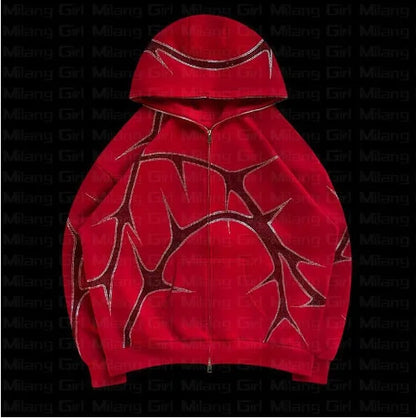 Hip Hop Rhinestone Print Hoodies Pants Suit Men Women Streetwear Fashion Y2k Zipper Hoodie Jacket Gothic Autumn Loose Sweatshirt