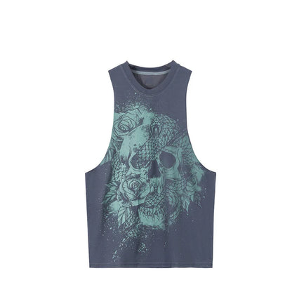 New men's fitness vest, men's casual running training sleeveless T-shirt, trendy printed clothing vest, men's heavyweight cotton