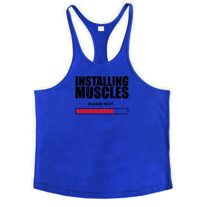 Installing Muscles Please Wait Print Gym Bodybuilding Y-back Tank Tops Mens Casual Fitness Sleeveless Cotton Breathable T-Shirt