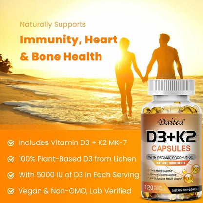 Vitamin D3 + K2, D and K Vitamins To Promote Calcium Absorption and Support A Healthy Cardiovascular System and Arteries