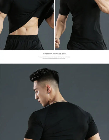 Sports T-shirt men's quick drying short sleeved sports T-shirt top gym fitness tight fitting shirt training running T-shirt men' - GabyFit Goods