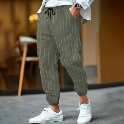 Spring and summer men's fashionable cotton and linen striped casual tapered pants, commuter sports breathable street pants