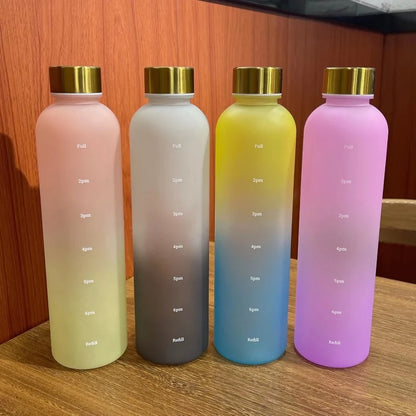 1L Bottle With Time Marker 32 OZ Motivational Reusable Fitness Sports Outdoors Travel Leakproof BPA Free Frosted Plastic - GabyFit Goods