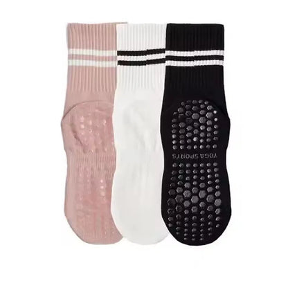 3-Pair Female Pilates Indoor Anti Slip Silicone Floor Socks Breathable Double Bar Middle Socks Fitness Dance Exercise Yoga Socks - GabyFit Goods