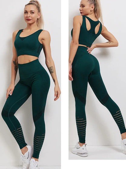 2 Pieces Women's Tracksuit Seamless Yoga Set Workout Sportswear Gym Clothing High Waist Leggings Fitness Sports Suits