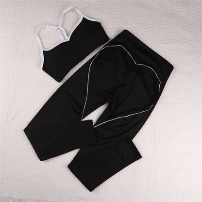 SVEIC Yoga Bra Set Contrasting Color Fitness Sports Suits High Waisted Leggings Sportswear Workout Running Training Gym Clothing