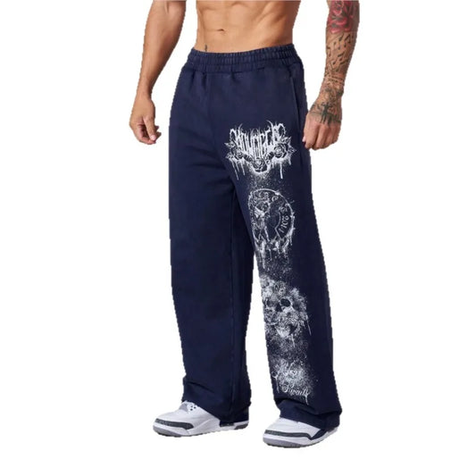 2025 YOUNGLA American streetwear brand men's sports pants, gym sports and fitness loose straight print casual trousers