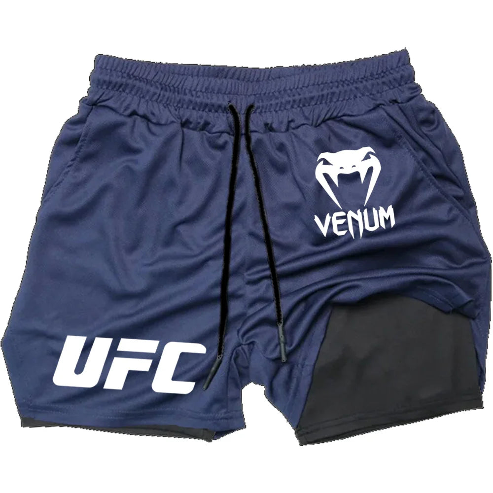 2025 Summer Men's UFC Printed Quick Drying Outdoor Running Double Layer Shorts Sports Shorts Breathable Tennis Training Shorts