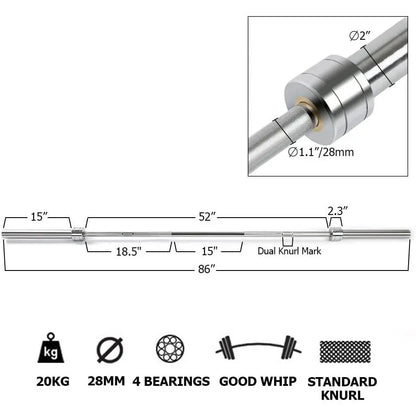 Barbell Bar for 2" Olympic Plates, Home Gym Weightlifting Bar 4Ft Solid Chrome Weight Bar 5Ft Fitness Training Curl Barbell 7.2F