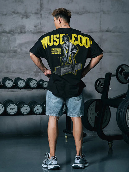 2025 new muscle dog short sleeve T-shirt men's fashion brand sexy printed summer loose blazer men's training fitness clothes