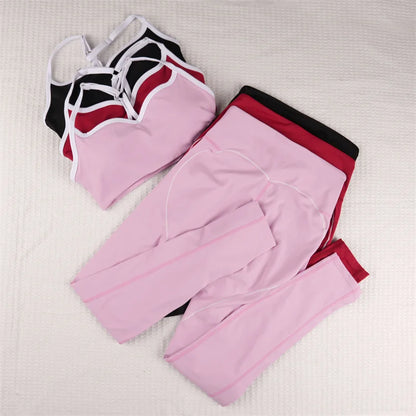 SVEIC Yoga Bra Set Contrasting Color Fitness Sports Suits High Waisted Leggings Sportswear Workout Running Training Gym Clothing