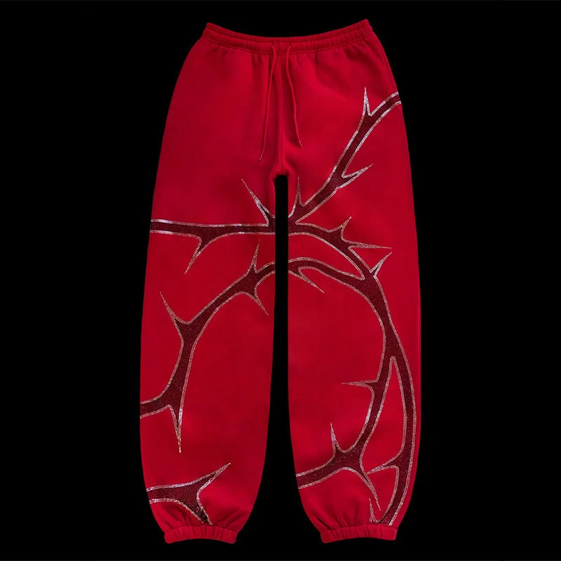 Hip Hop Rhinestone Print Hoodies Pants Suit Men Women Streetwear Fashion Y2k Zipper Hoodie Jacket Gothic Autumn Loose Sweatshirt