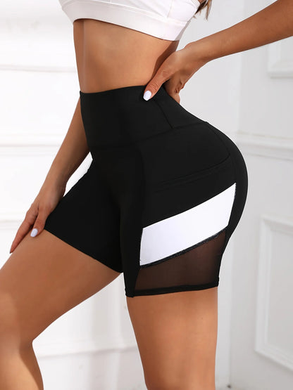 Women's High Waisted Mesh Colorblocked Yoga Shorts with Pockets Tummy Tuck Exercise Shorts