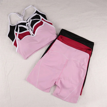 SVEIC Yoga Bra Set Contrasting Color Fitness Sports Suits High Waisted Leggings Sportswear Workout Running Training Gym Clothing