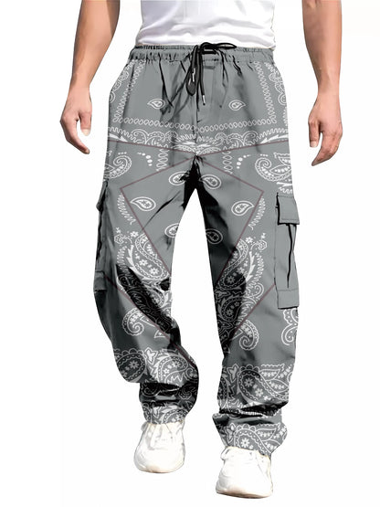 Men's Hip Hop Pocket Overalls Reflective Printed Fashion Street Wear Tracksuit Cargo Pants Bright Summer Fall Trousers