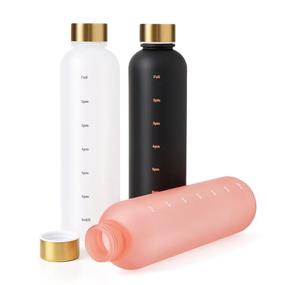 1L Bottle With Time Marker 32 OZ Motivational Reusable Fitness Sports Outdoors Travel Leakproof BPA Free Frosted Plastic - GabyFit Goods