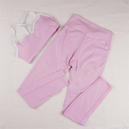 SVEIC Yoga Bra Set Contrasting Color Fitness Sports Suits High Waisted Leggings Sportswear Workout Running Training Gym Clothing