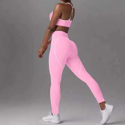 SVEIC Yoga Bra Set Contrasting Color Fitness Sports Suits High Waisted Leggings Sportswear Workout Running Training Gym Clothing