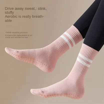 3-Pair Female Pilates Indoor Anti Slip Silicone Floor Socks Breathable Double Bar Middle Socks Fitness Dance Exercise Yoga Socks - GabyFit Goods