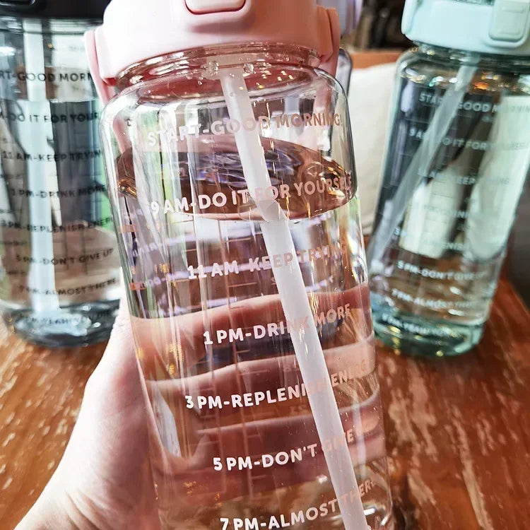 2L Portable Water Bottle with Straw & Time Marker, Large Capacity Plastic Drink Bottle for Outdoor Sports & Fitness - GabyFit Goods