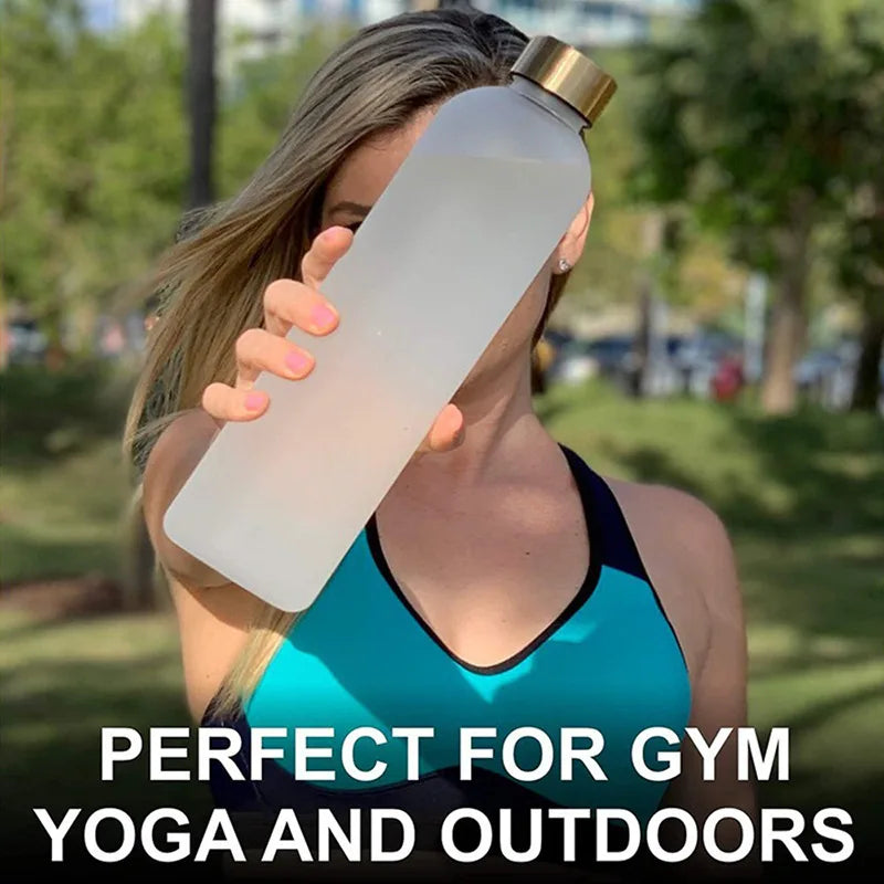 1L Bottle With Time Marker 32 OZ Motivational Reusable Fitness Sports Outdoors Travel Leakproof BPA Free Frosted Plastic - GabyFit Goods