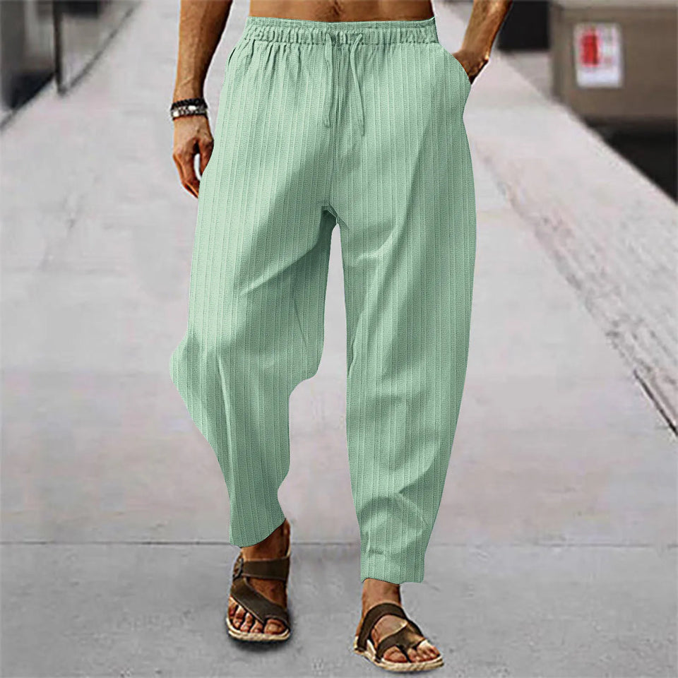 Hip hop male breathable blend cotton stripe loose casual sports calf summer new style trousers