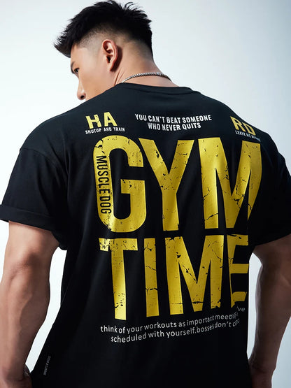 2025 new muscle dog fitness men fashion brand summer American print loose training clothing sports casual short sleeve