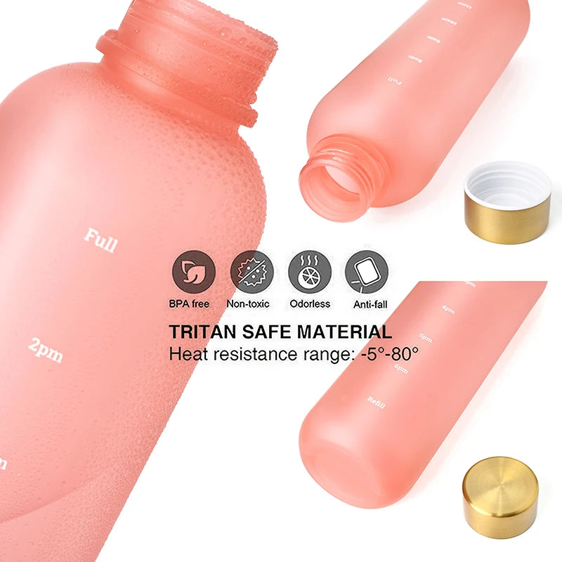 1L Bottle With Time Marker 32 OZ Motivational Reusable Fitness Sports Outdoors Travel Leakproof BPA Free Frosted Plastic - GabyFit Goods