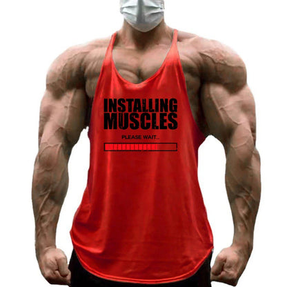 Installing Muscles Please Wait Print Gym Bodybuilding Y-back Tank Tops Mens Casual Fitness Sleeveless Cotton Breathable T-Shirt