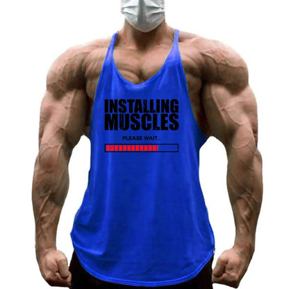 Installing Muscles Please Wait Print Gym Bodybuilding Y-back Tank Tops Mens Casual Fitness Sleeveless Cotton Breathable T-Shirt