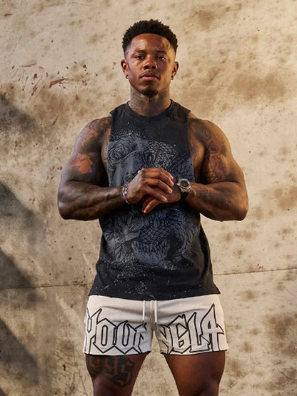 New men's fitness vest, men's casual running training sleeveless T-shirt, trendy printed clothing vest, men's heavyweight cotton