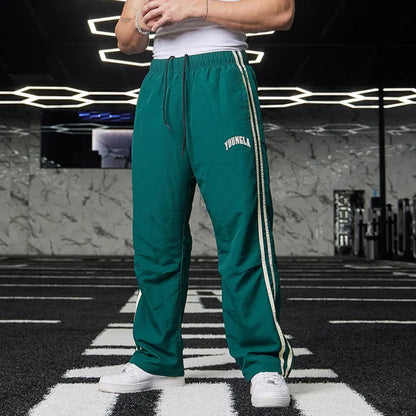 Men's Sweatpants Autumn Winter New Gym Sports Fitness Printed Ribbon Woven Mid Waist Straight Leg Pants Fashionable Casual Pants