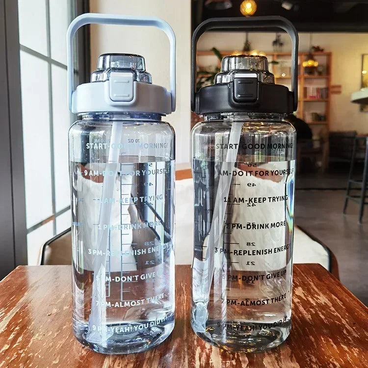 2L Portable Water Bottle with Straw & Time Marker, Large Capacity Plastic Drink Bottle for Outdoor Sports & Fitness - GabyFit Goods