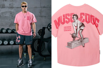 2025 new muscle dog short sleeve T-shirt men's fashion brand sexy printed summer loose blazer men's training fitness clothes