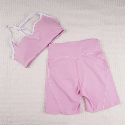 SVEIC Yoga Bra Set Contrasting Color Fitness Sports Suits High Waisted Leggings Sportswear Workout Running Training Gym Clothing