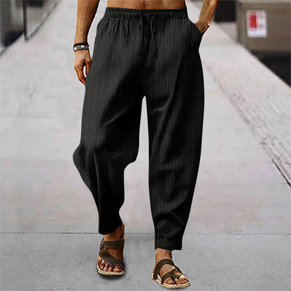 Hip hop male breathable blend cotton stripe loose casual sports calf summer new style trousers