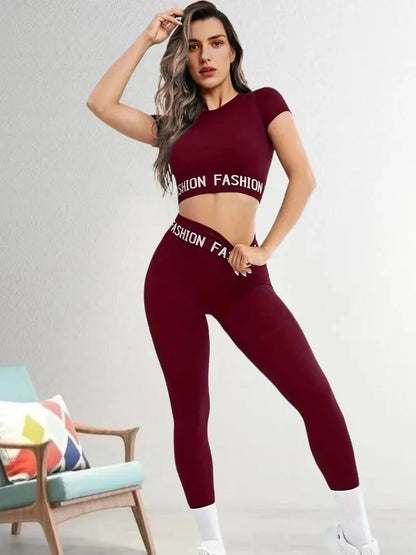 New elastic unique design letter top short sleeve high waist trousers yoga sports two-piece set