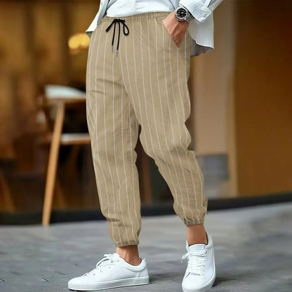 Spring and summer men's fashionable cotton and linen striped casual tapered pants, commuter sports breathable street pants