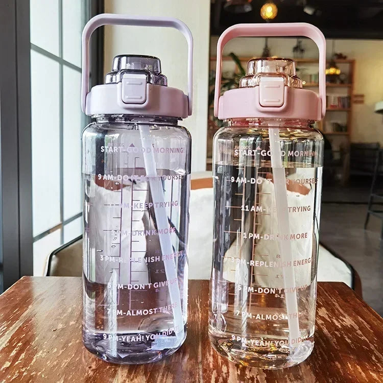 2L Portable Water Bottle with Straw & Time Marker, Large Capacity Plastic Drink Bottle for Outdoor Sports & Fitness - GabyFit Goods