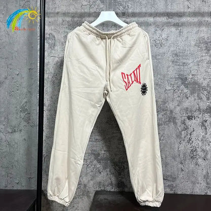 Vintage High Street Red Letter Logo Printing Saint Sweatpants Men Women Oversized Jogger Drawstring Black Apricot Pants