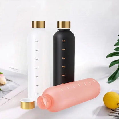 1L Bottle With Time Marker 32 OZ Motivational Reusable Fitness Sports Outdoors Travel Leakproof BPA Free Frosted Plastic - GabyFit Goods