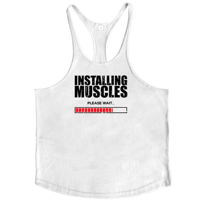 Installing Muscles Please Wait Print Gym Bodybuilding Y-back Tank Tops Mens Casual Fitness Sleeveless Cotton Breathable T-Shirt