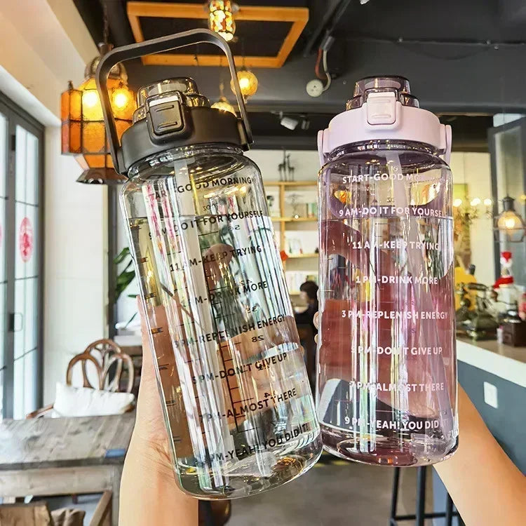 2L Portable Water Bottle with Straw & Time Marker, Large Capacity Plastic Drink Bottle for Outdoor Sports & Fitness - GabyFit Goods