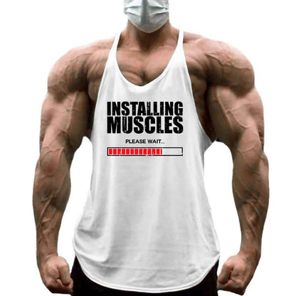 Installing Muscles Please Wait Print Gym Bodybuilding Y-back Tank Tops Mens Casual Fitness Sleeveless Cotton Breathable T-Shirt