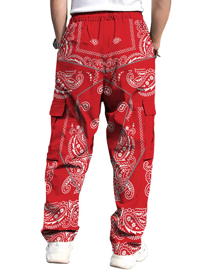 Men's Hip Hop Pocket Overalls Reflective Printed Fashion Street Wear Tracksuit Cargo Pants Bright Summer Fall Trousers