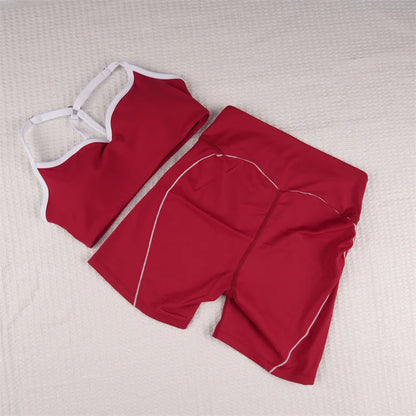 SVEIC Yoga Bra Set Contrasting Color Fitness Sports Suits High Waisted Leggings Sportswear Workout Running Training Gym Clothing