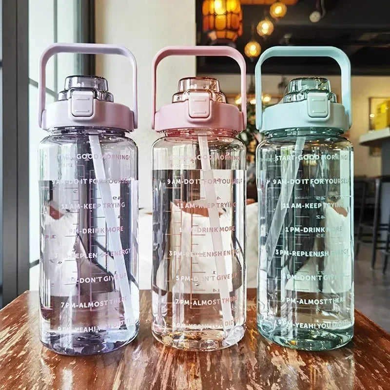 2L Portable Water Bottle with Straw & Time Marker, Large Capacity Plastic Drink Bottle for Outdoor Sports & Fitness - GabyFit Goods